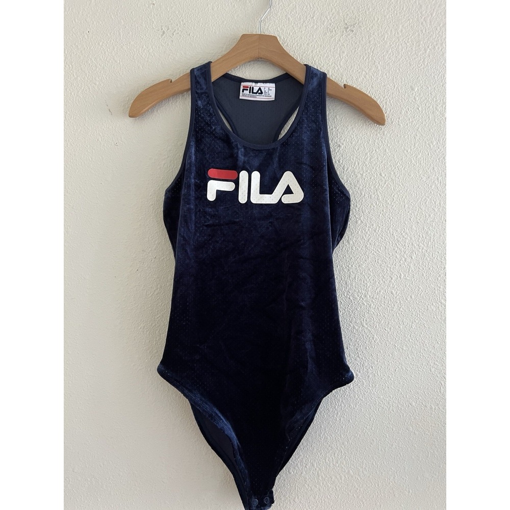 Fila Womens Small Navy Blue Velvet Velour Racerback Bodysuit Logo Feminine